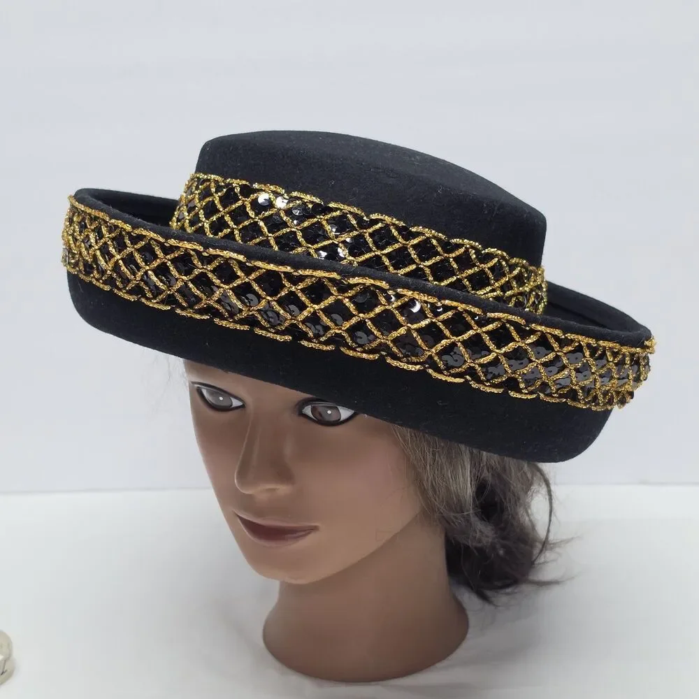 Vintage Doeskin Bollman Bolero Hat Black Wool Felt Sequins And Gold Accent USA